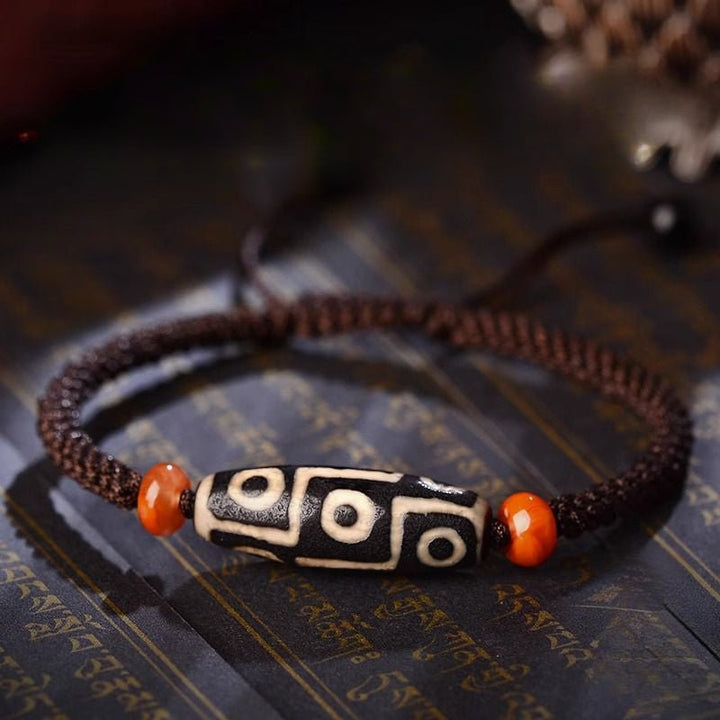 Tibetan Natural Handcrafted Polished Nine - Eyed Dzi Bead Wealth Energy Bracelet - BuddhaEnergyHealing