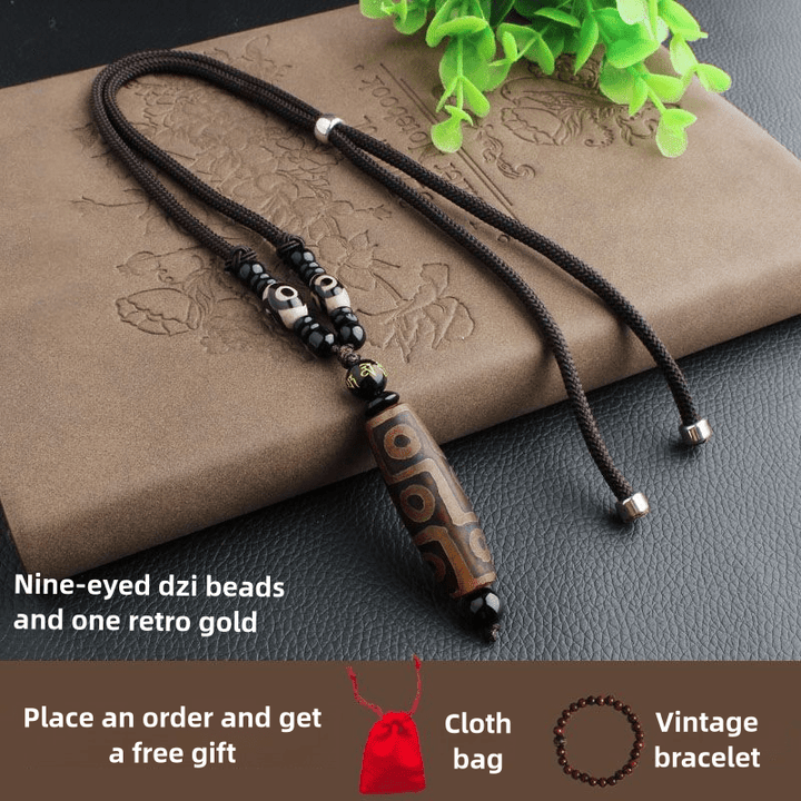 Tibetan Nine - Eyed Dzi Bead Natural Agate Vintage Ethnic Style Pendant Wealth Energy Necklace - BuddhaEnergyHealing