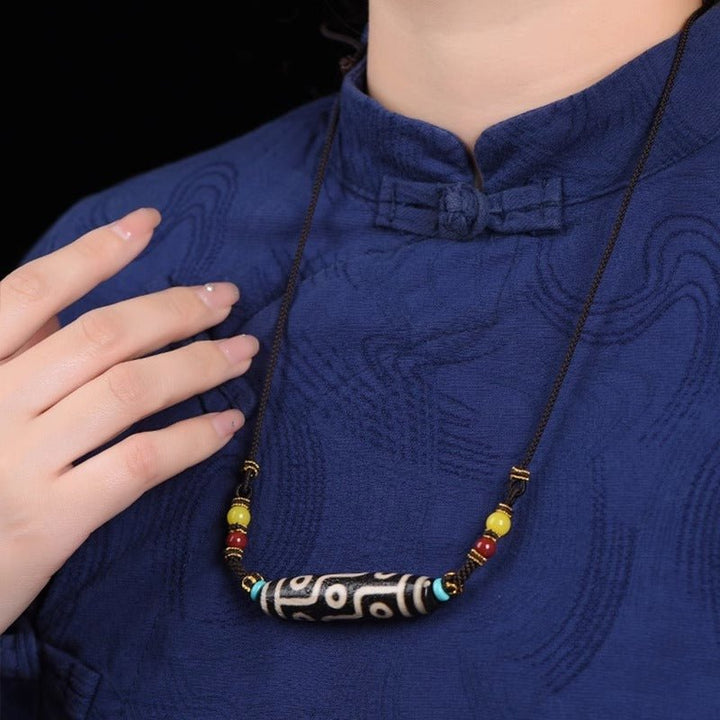 Tibetan Nine - Eyed Dzi Bead Vintage Protection Energy Necklace - BuddhaEnergyHealing