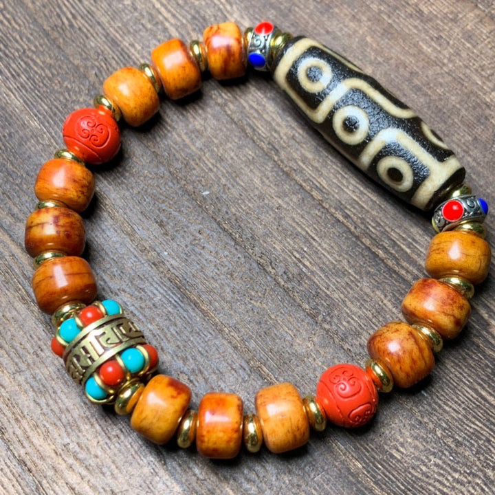 Tibetan Old Dzi Bead Nine - Eyed Ox Bone Dzi Bead Protection Energy Bracelet - BuddhaEnergyHealing
