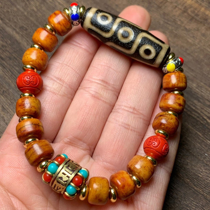 Tibetan Old Dzi Bead Nine - Eyed Ox Bone Dzi Bead Protection Energy Bracelet - BuddhaEnergyHealing