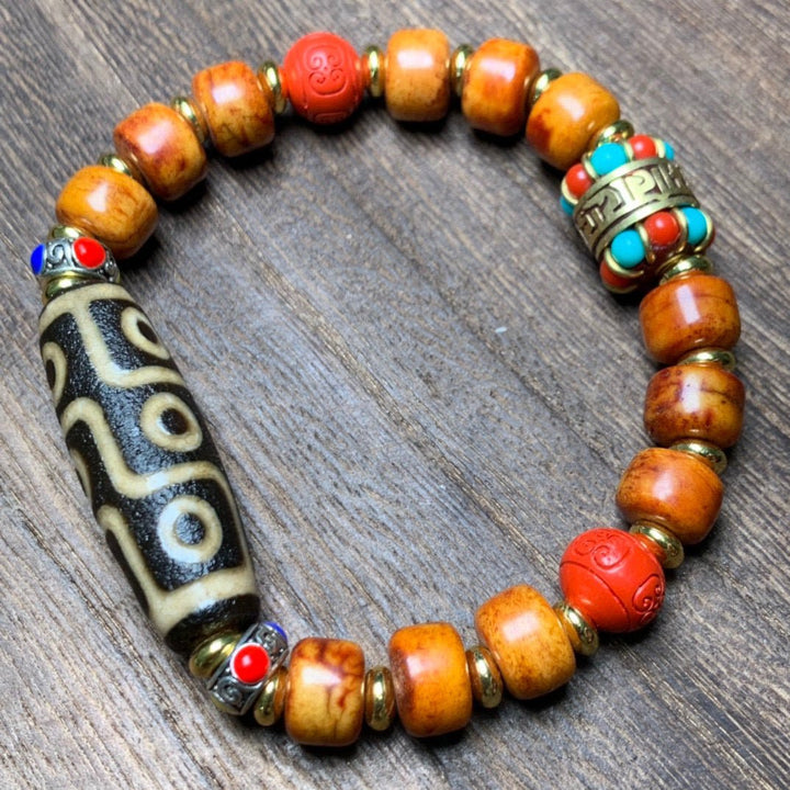 Tibetan Old Dzi Bead Nine - Eyed Ox Bone Dzi Bead Protection Energy Bracelet - BuddhaEnergyHealing