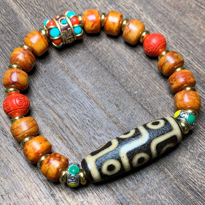 Tibetan Old Dzi Bead Nine - Eyed Ox Bone Dzi Bead Protection Energy Bracelet - BuddhaEnergyHealing