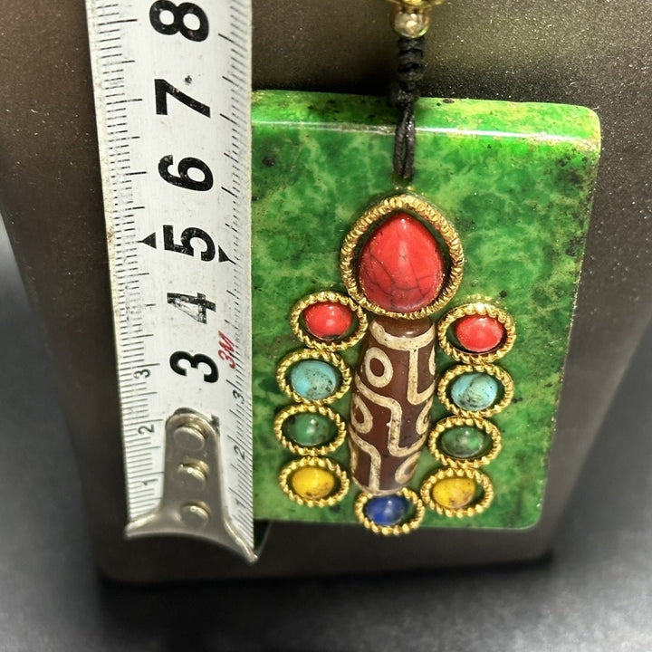 Tibetan Style Old Emerald Gaogu Jade Inlaid Dzi Pendant Protection Calm Necklace - BuddhaEnergyHealing