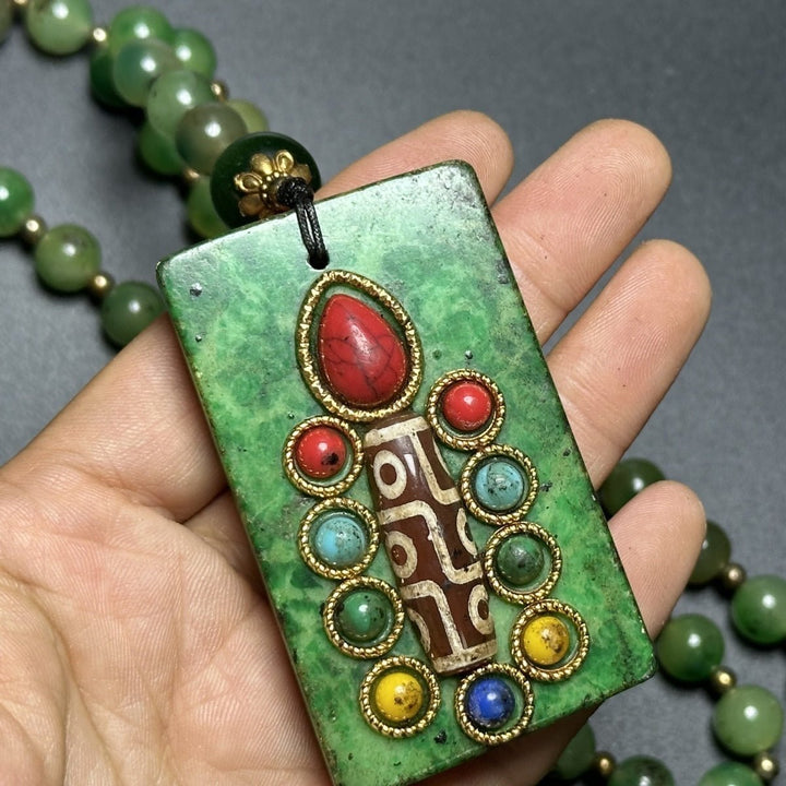 Tibetan Style Old Emerald Gaogu Jade Inlaid Dzi Pendant Protection Calm Necklace - BuddhaEnergyHealing