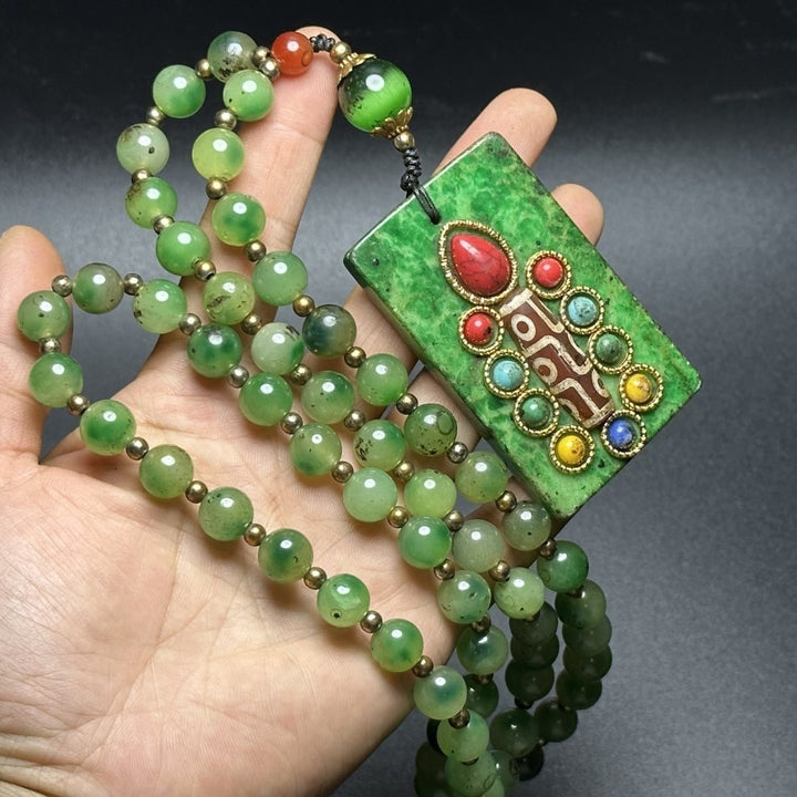 Tibetan Style Old Emerald Gaogu Jade Inlaid Dzi Pendant Protection Calm Necklace - BuddhaEnergyHealing