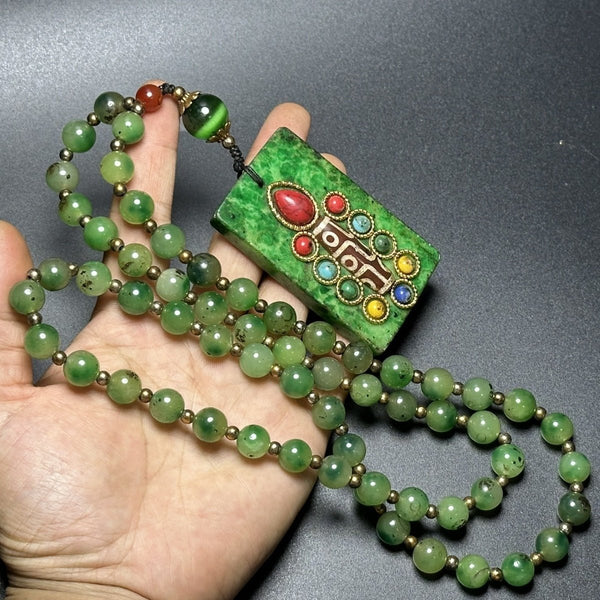 Tibetan Style Old Emerald Gaogu Jade Inlaid Dzi Pendant Protection Calm Necklace - BuddhaEnergyHealing