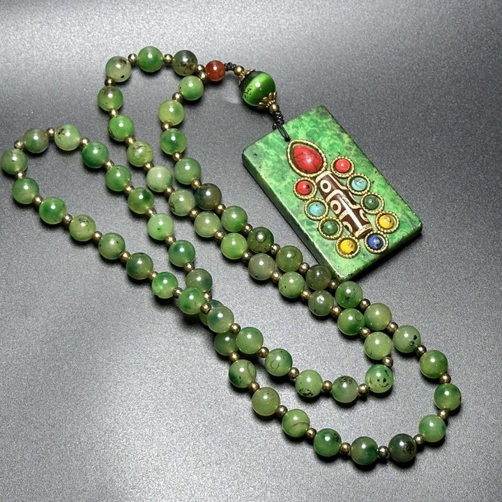 Tibetan Style Old Emerald Gaogu Jade Inlaid Dzi Pendant Protection Calm Necklace - BuddhaEnergyHealing