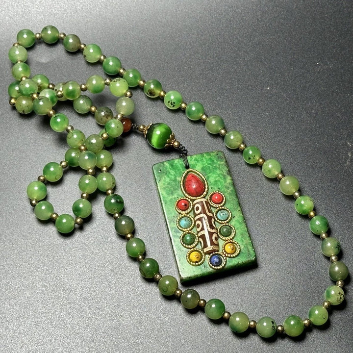 Tibetan Style Old Emerald Gaogu Jade Inlaid Dzi Pendant Protection Calm Necklace - BuddhaEnergyHealing