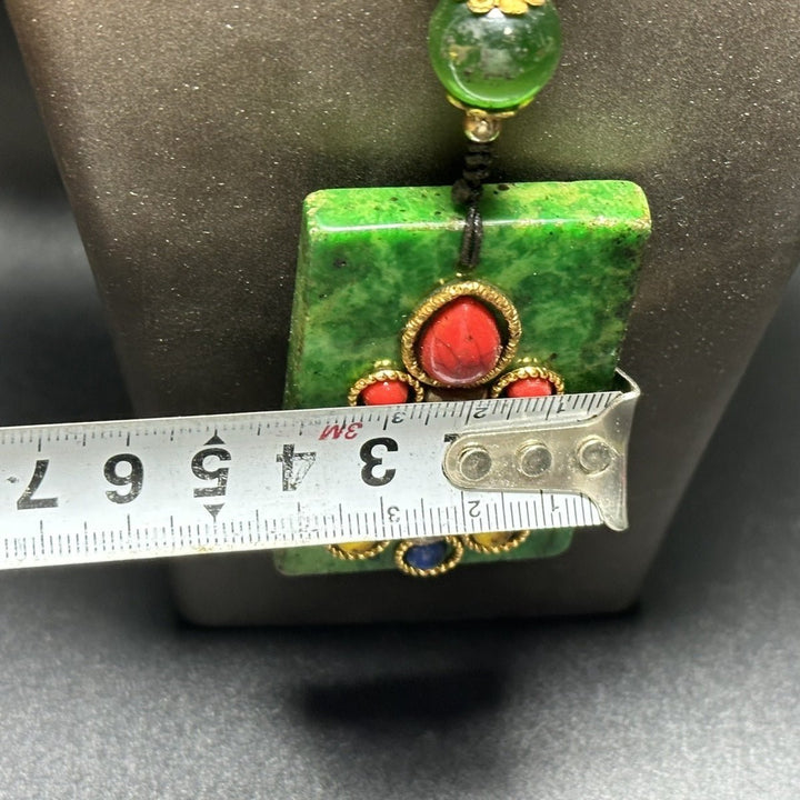 Tibetan Style Old Emerald Gaogu Jade Inlaid Dzi Pendant Protection Calm Necklace - BuddhaEnergyHealing