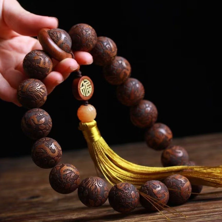Yellow Pear Wood Carving Calm Meditation Peace Bracelet - BuddhaEnergyHealing
