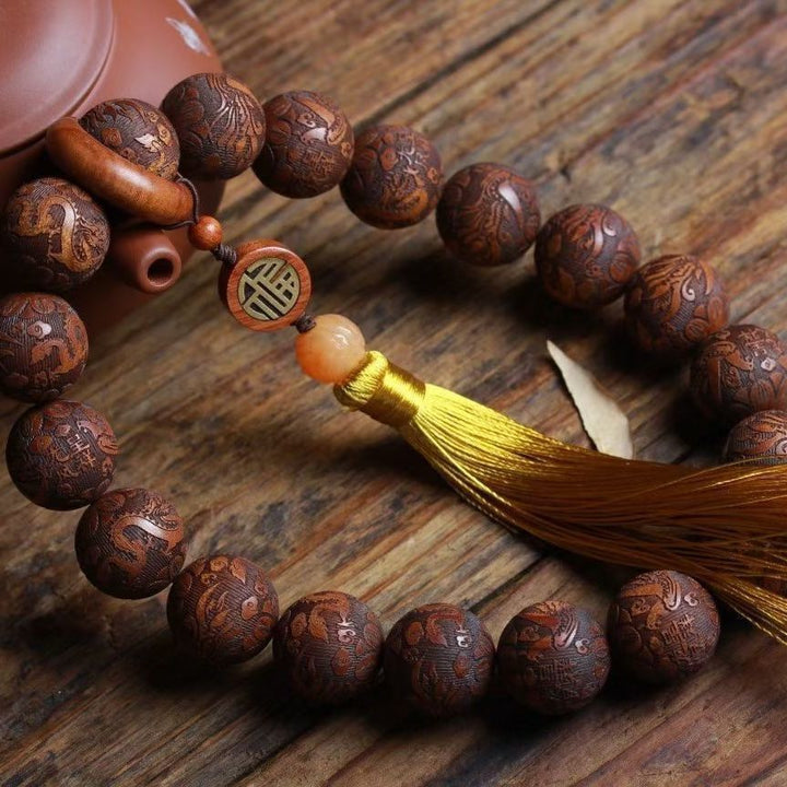 Yellow Pear Wood Carving Calm Meditation Peace Bracelet - BuddhaEnergyHealing