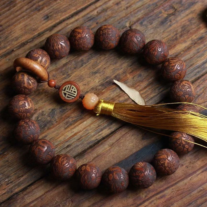 Yellow Pear Wood Carving Calm Meditation Peace Bracelet - BuddhaEnergyHealing