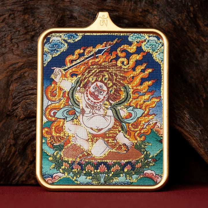 Zachilam God of Wealth Five Master Green Tara Hand Painted Tibet Thangka Pendant - BuddhaEnergyHealing