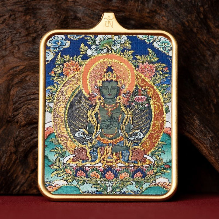 Zachilam God of Wealth Five Master Green Tara Hand Painted Tibet Thangka Pendant - BuddhaEnergyHealing