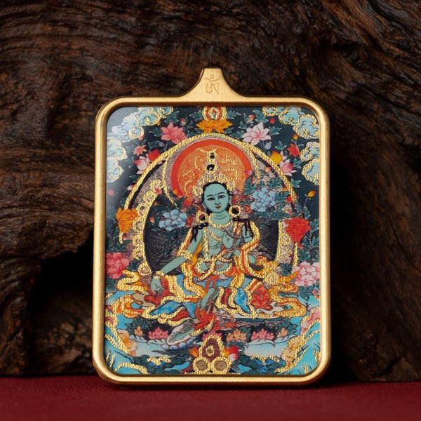Zachilam God of Wealth Five Master Green Tara Hand Painted Tibet Thangka Pendant - BuddhaEnergyHealing