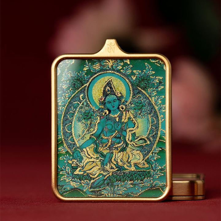 Zachilam God of Wealth Five Master Green Tara Hand Painted Tibet Thangka Pendant - BuddhaEnergyHealing