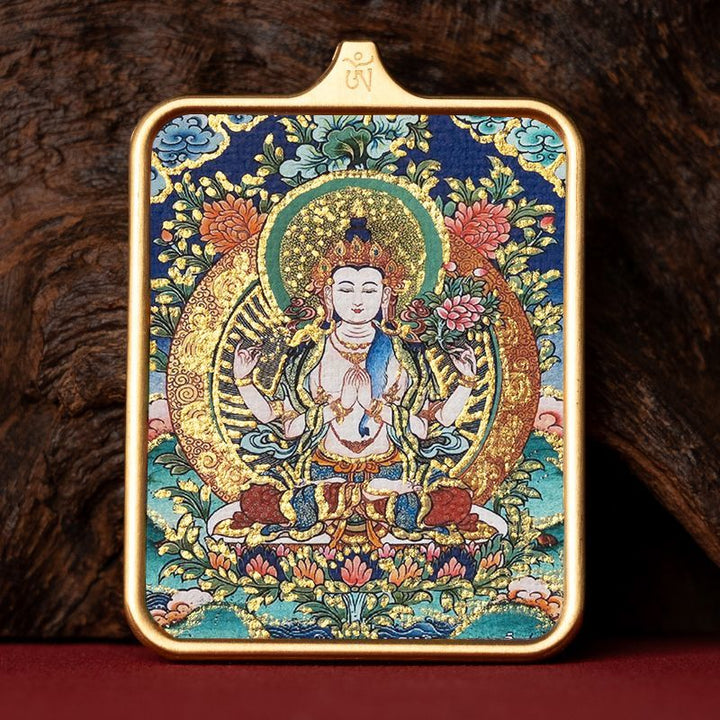 Zachilam God of Wealth Five Master Green Tara Hand Painted Tibet Thangka Pendant - BuddhaEnergyHealing