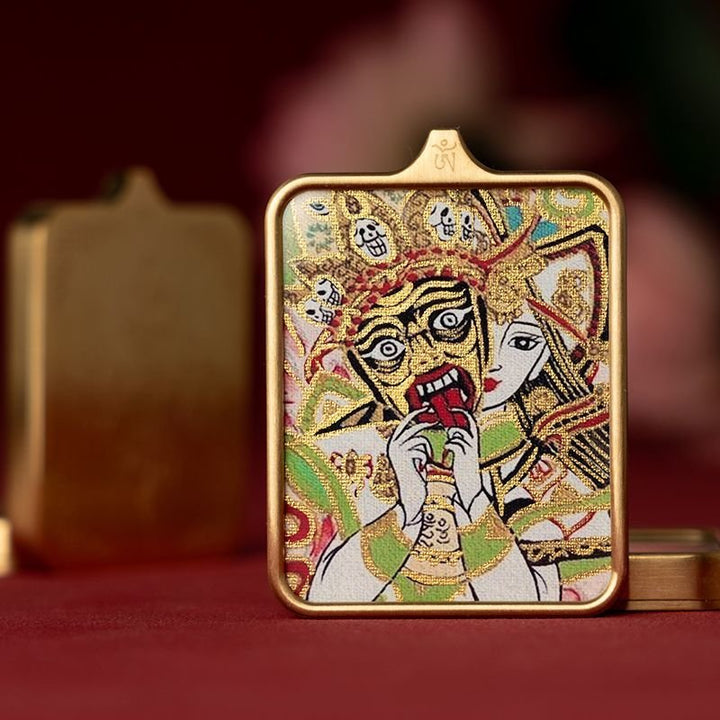 Zachilam God of Wealth Five Master Green Tara Hand Painted Tibet Thangka Pendant - BuddhaEnergyHealing