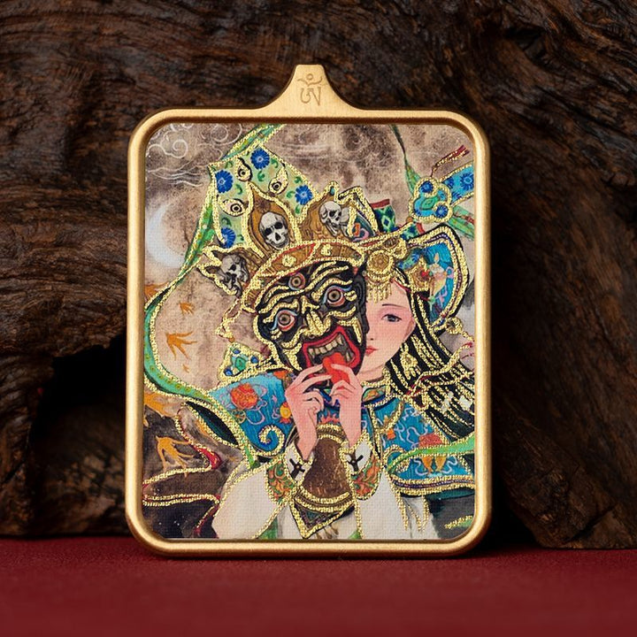 Zachilam God of Wealth Five Master Green Tara Hand Painted Tibet Thangka Pendant - BuddhaEnergyHealing