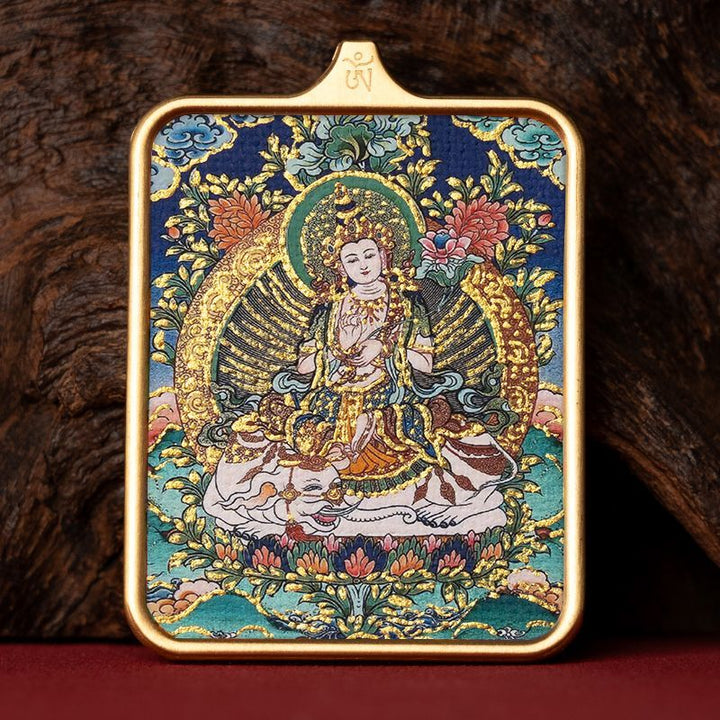 Zachilam God of Wealth Five Master Green Tara Hand Painted Tibet Thangka Pendant - BuddhaEnergyHealing