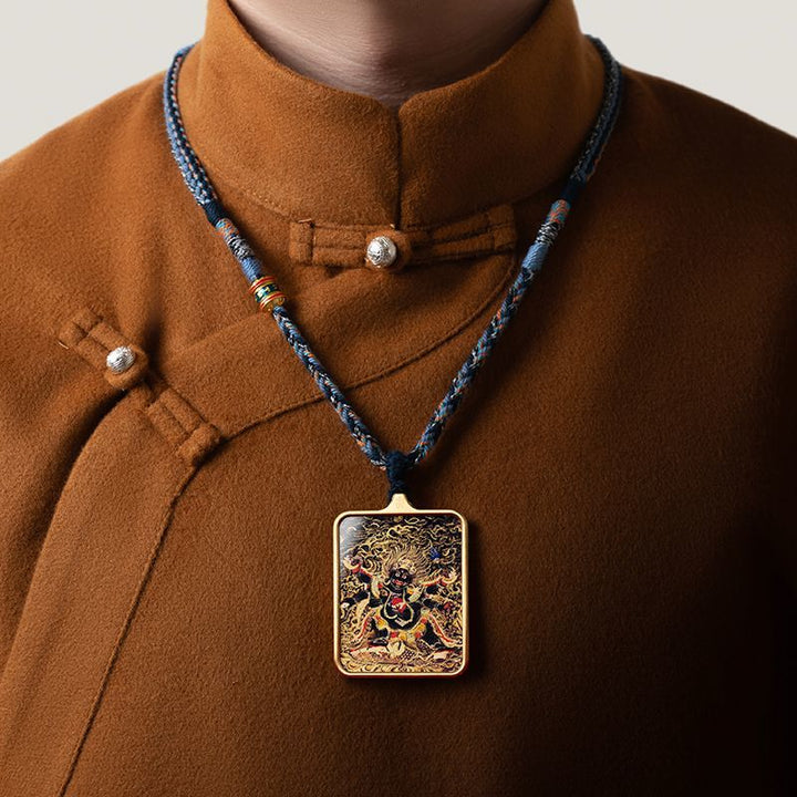 Zachilam God of Wealth Five Master Green Tara Hand Painted Tibet Thangka Pendant - BuddhaEnergyHealing